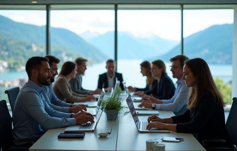 Photo of the ESwiss AG team in a modern office setting with a view of Lucerne